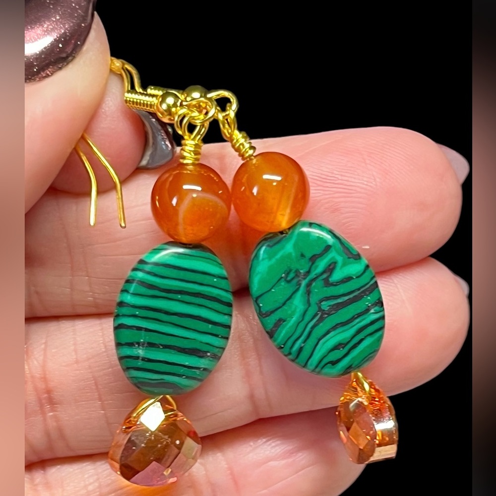 Dyed malachite and bright orange Swarovski crystal earrings on Sterling